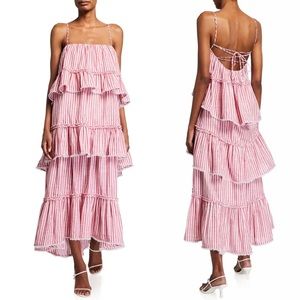 CINQ A SEPT Avva Tiered Striped Midi Dress Red White 2